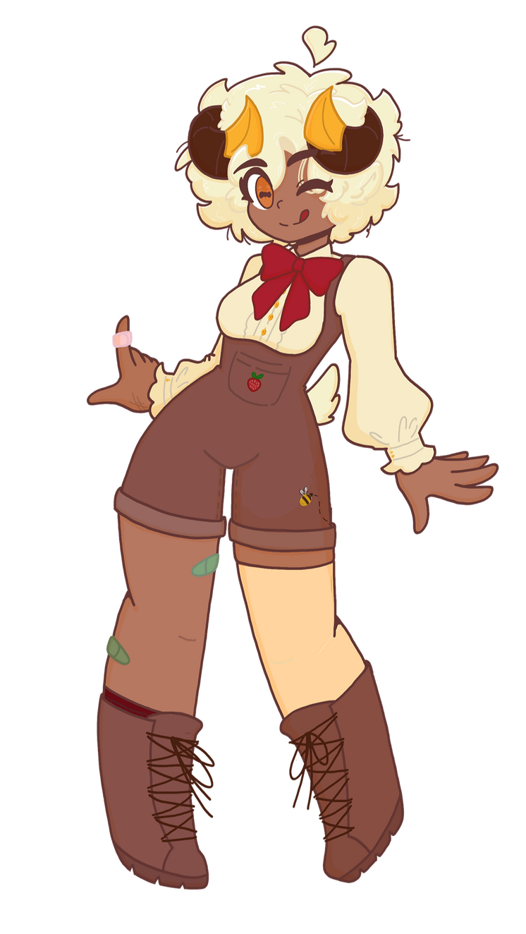A cream palette ram humanoid version of Ares. They are wearing a strawberry-themed outfit, though it is mainly cream and brown.