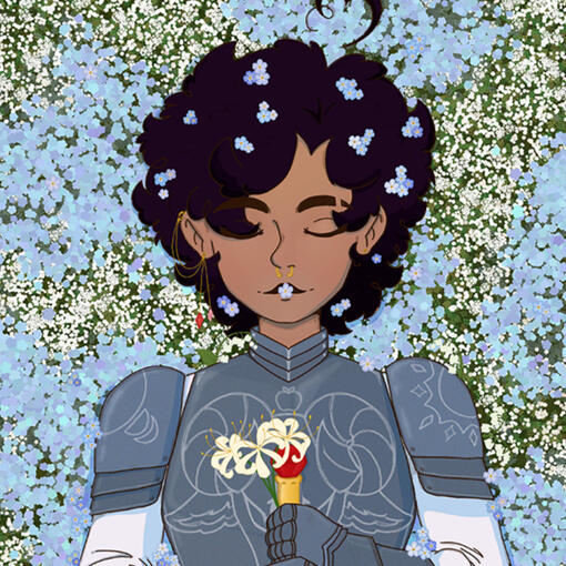 Portfolio A sleeping knight in a bed of forget-me-nots and baby's breath. They are littered in the knight's hair and over their mouth. Clasped in their hand is a pair of white spider lillies. The outfit and picture is themed silver and blue.